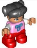 LEGO 47205pb032 Duplo Figure Lego Ville, Child Girl, Red Legs, Bright Pink Top with Bow Tie, Black Hair with Ponytails